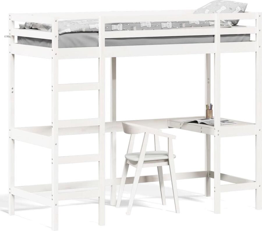 VidaXL Hoogslaper met bureau massief grenenhout wit 80x200 cm - Foto 3