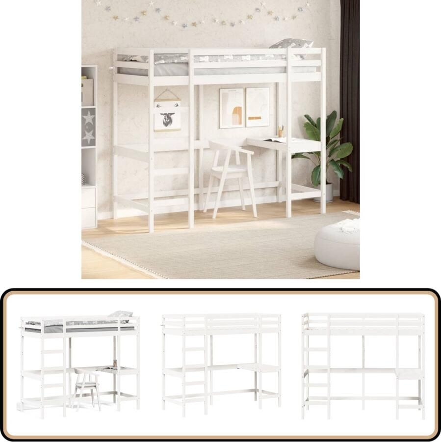 VidaXL Hoogslaper met bureau massief grenenhout wit 80x200 cm