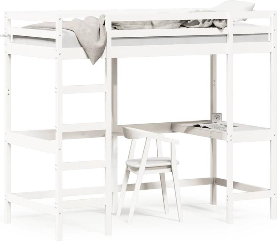 Vida XL Hoogslaper met bureau massief grenenhout wit 90x190 cm SKU: V842859 - Foto 2