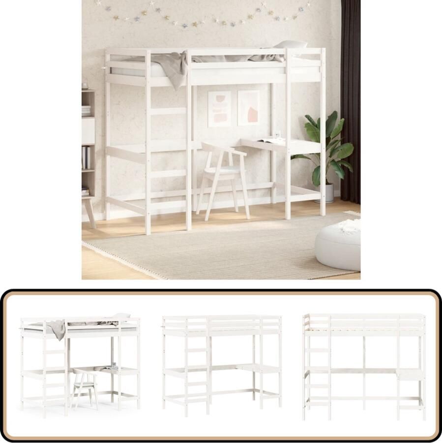 VidaXL Hoogslaper met bureau massief grenenhout wit 90x200 cm