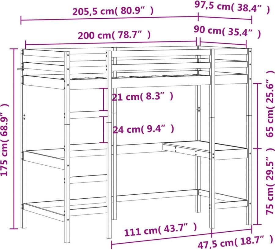 VidaXL Hoogslaper met bureau massief grenenhout wit 90x200 cm - Foto 3