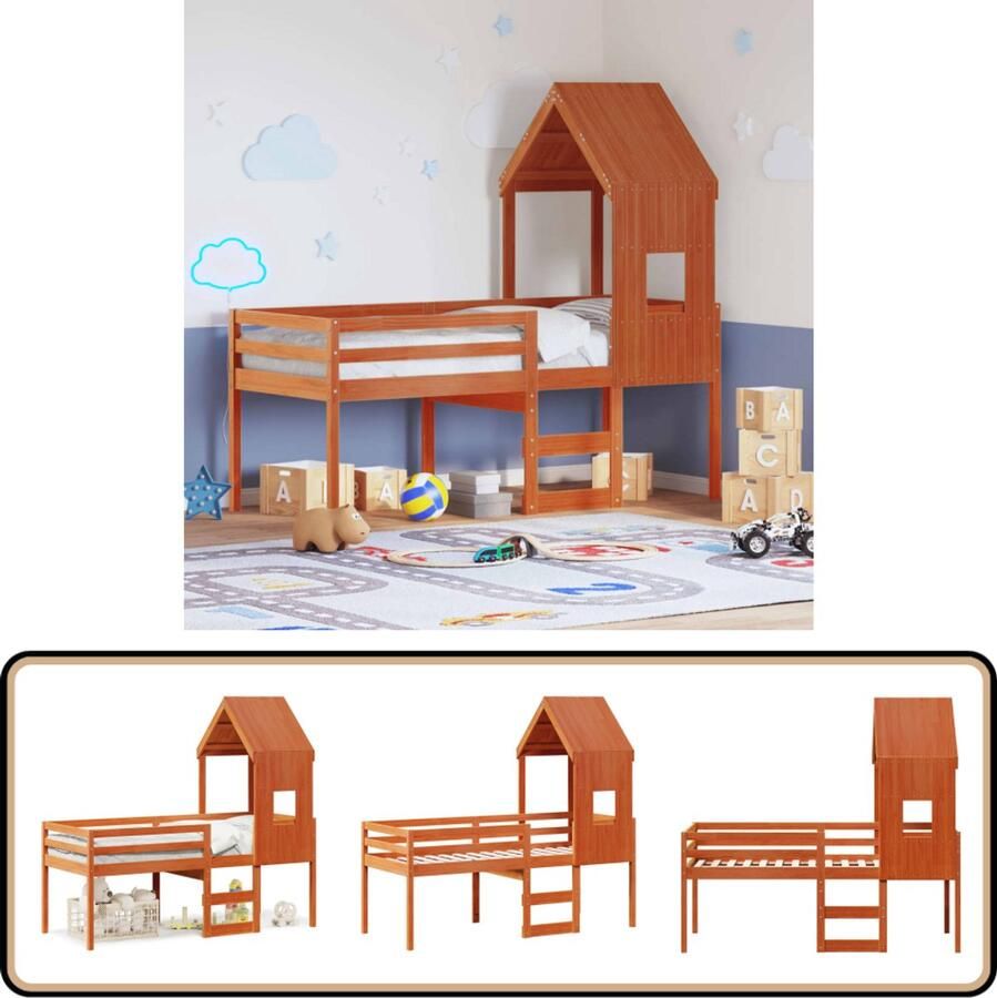 VidaXL Hoogslaper met Dak 90x200 cm Wasbruin Hoogslaper Houten Bed Kids Bed Kinderbed Slaaphut Speelbed Tweepersoonsbed Junior Bed