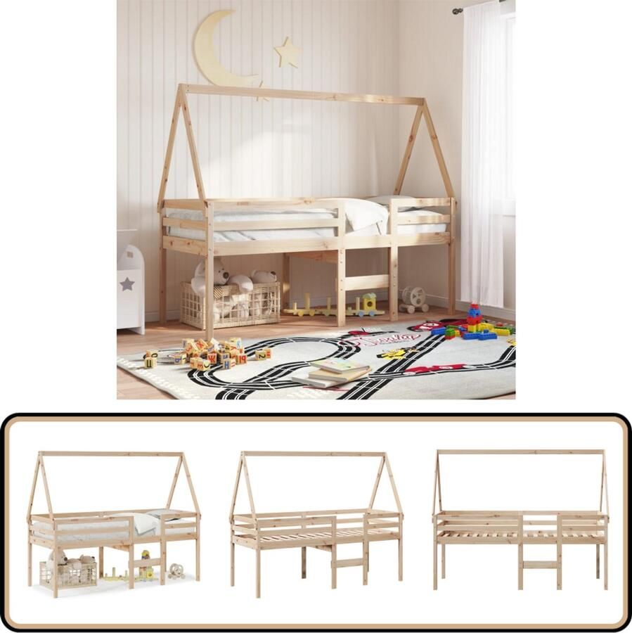 VidaXL Hoogslaper met dak massief grenenhout 90x190 cm