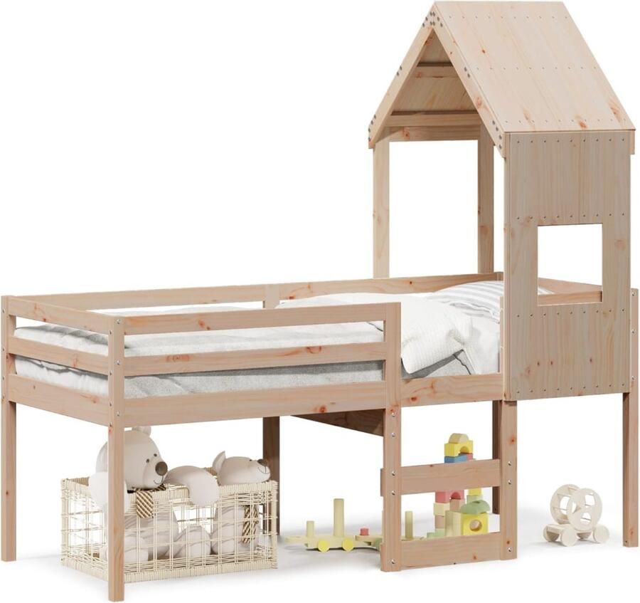 VidaXL Hoogslaper met dak massief grenenhout 90x190 cm