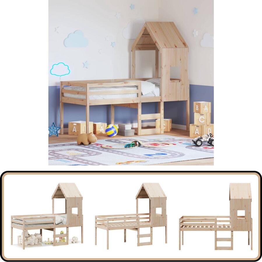 VidaXL Hoogslaper met dak Massief grenenhout 90x200 cm Hoogslaper Houten Bed Kinderbed Grenenhout Bed Kids Bedroom Furniture