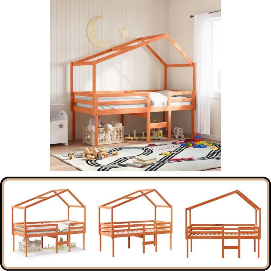 VidaXL Hoogslaper met dak massief grenenhout wasbruin 90x190 cm