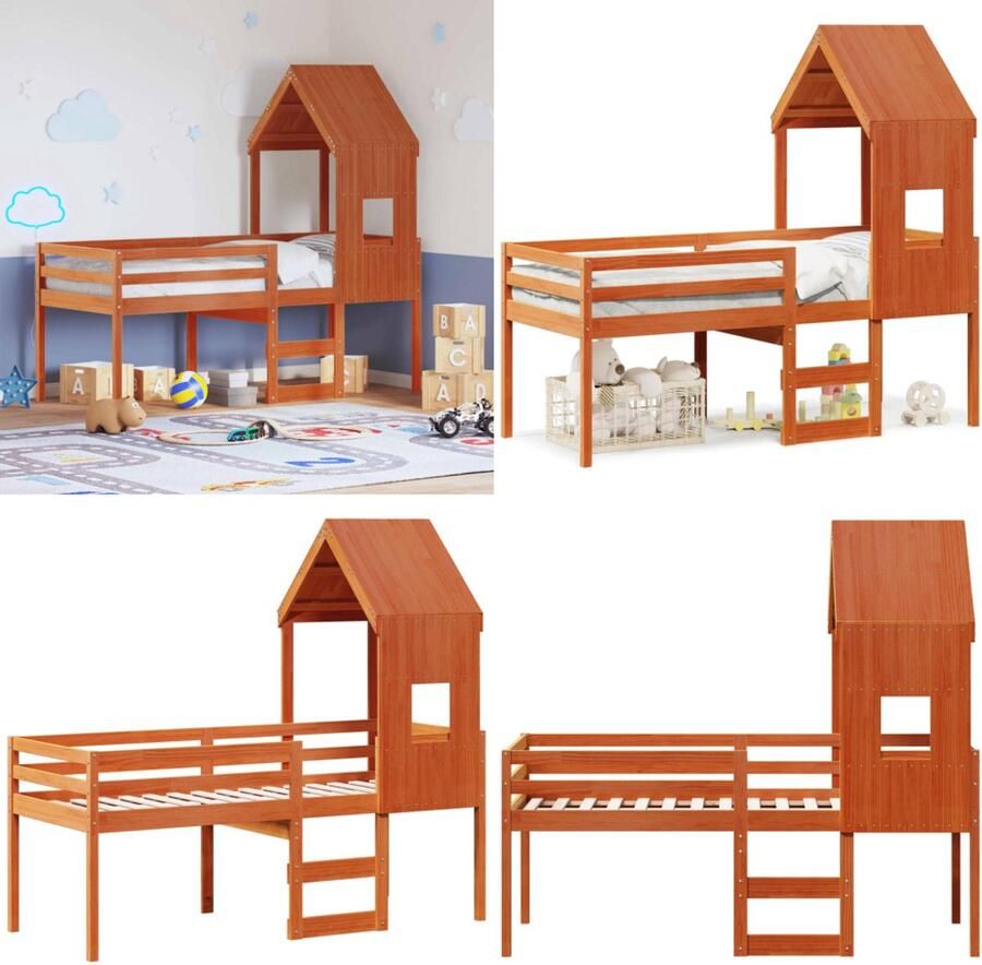 VidaXL Hoogslaper met dak massief grenenhout wasbruin 90x200 cm Hoogslaper Hoogslapers Bedframe Kinderbedframe