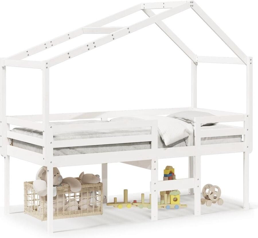 VidaXL Hoogslaper met dak massief grenenhout wit 75x190 cm