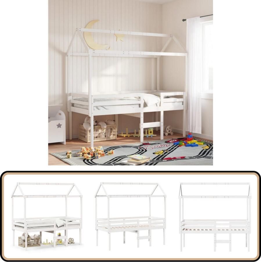 VidaXL Hoogslaper met dak massief grenenhout wit 90x190 cm