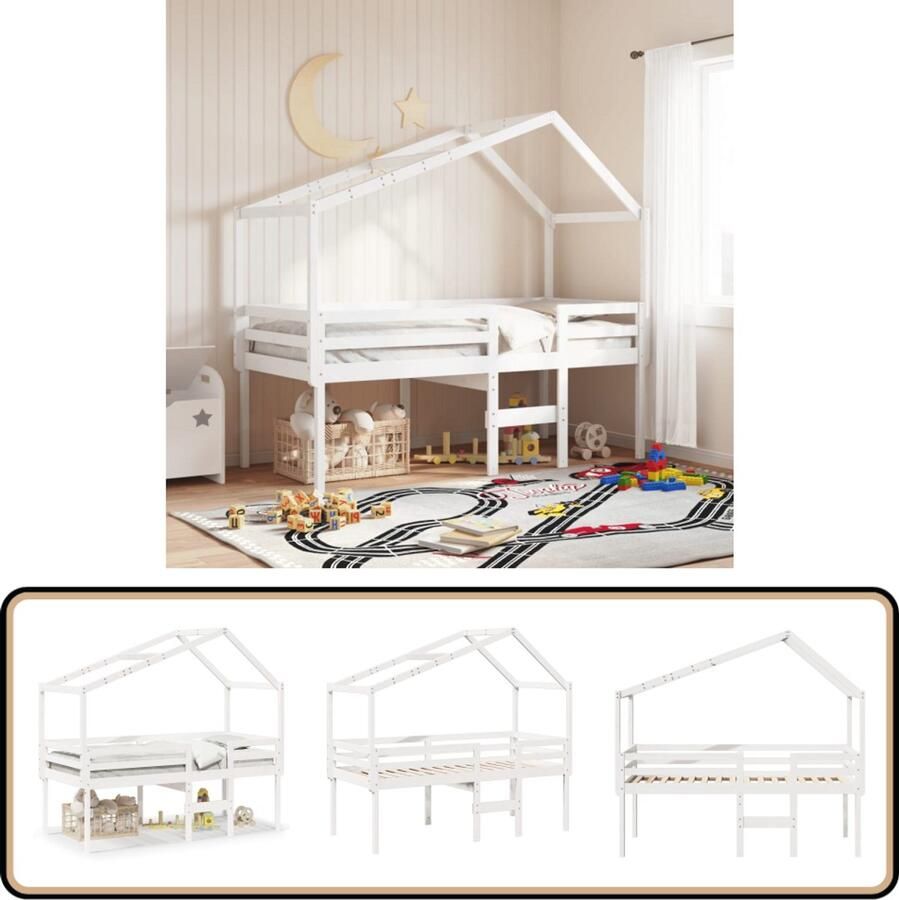 VidaXL Hoogslaper met dak massief grenenhout wit 90x200 cm