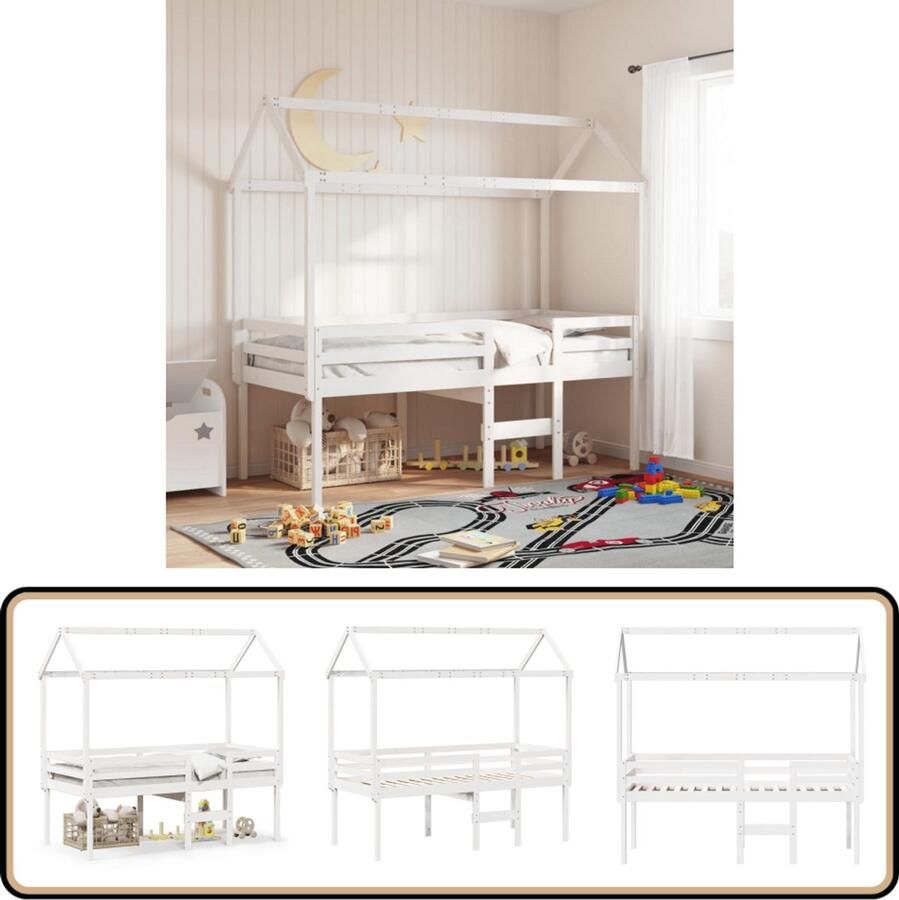 VidaXL Hoogslaper met dak massief grenenhout wit 90x200 cm