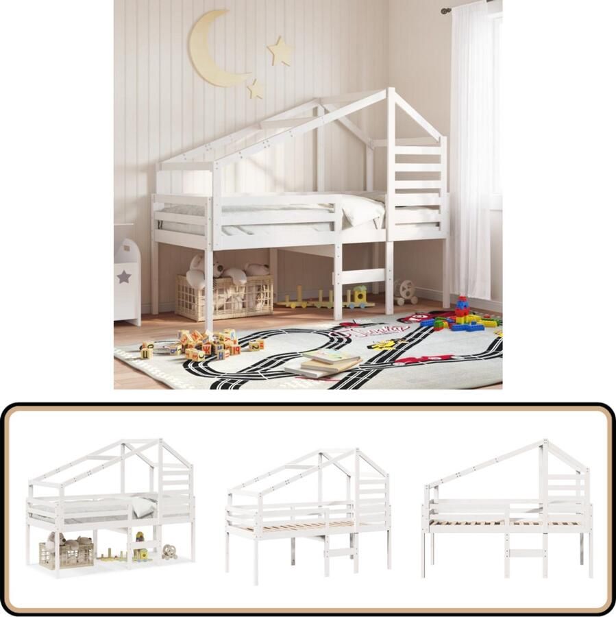 VidaXL Hoogslaper met dak massief grenenhout wit 90x200 cm