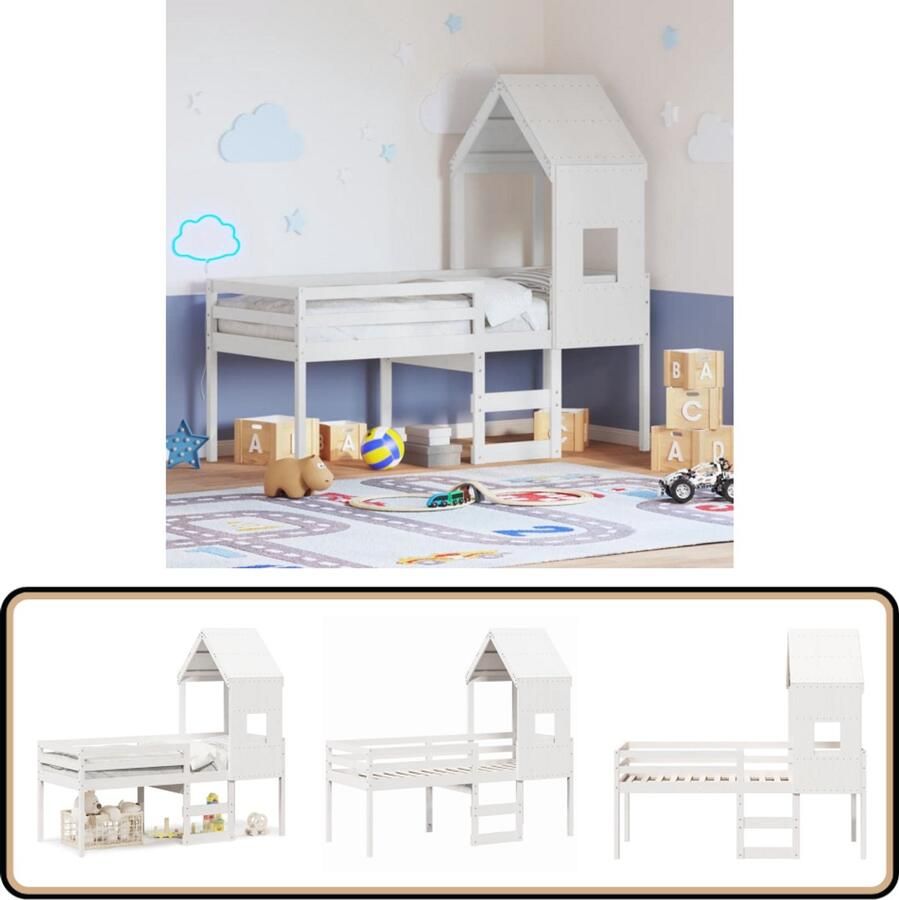 VidaXL Hoogslaper met dak massief grenenhout wit 90x200 cm