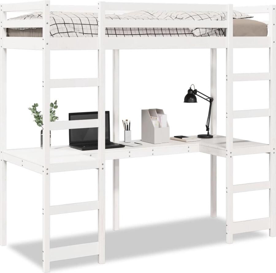 VidaXL Hoogslaper met bureau massief grenenhout wit 90x200 cm