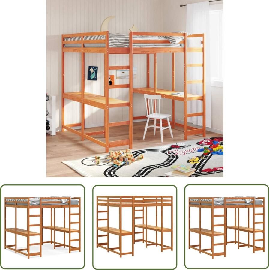 VidaXL Hoogslapers Hooghsleeper Hoogslaper met bureau en ladder grenenhout wasbruin 140x200 cm Kinderkamer Slaapkamers Bruine Meubels