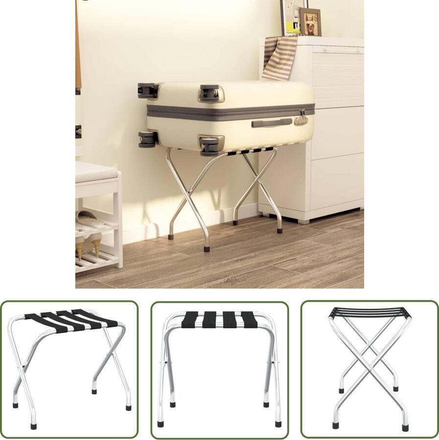 The Living Store Bagagerek Effen Metaal 56 x 40 x 49 cm Nylonbanden Zwart Zilver Bagagerak Hotel Bagagerek Reis Accessoires Nylonband Metaalbouten