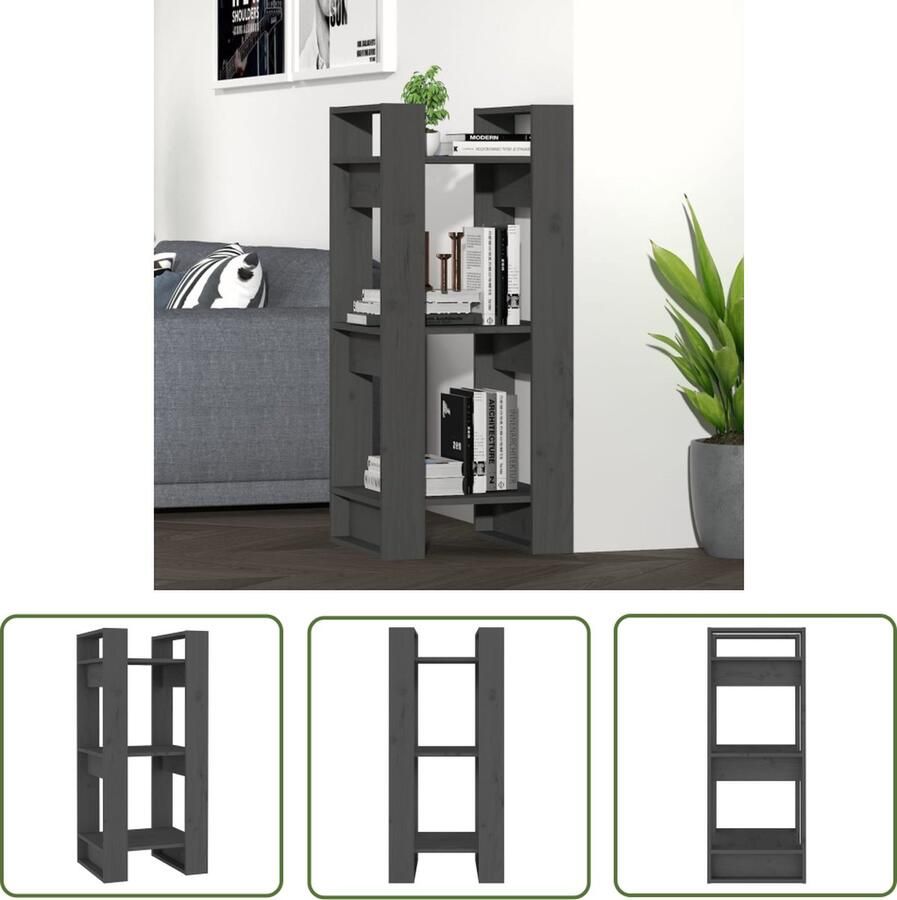 The Living Store Boekenkast kamerscherm 41x35x91 cm massief grenenhout grijs Boekenkast Hout Grenoblenhout Bibliotheek Kast Opslagoplossing - Foto 2