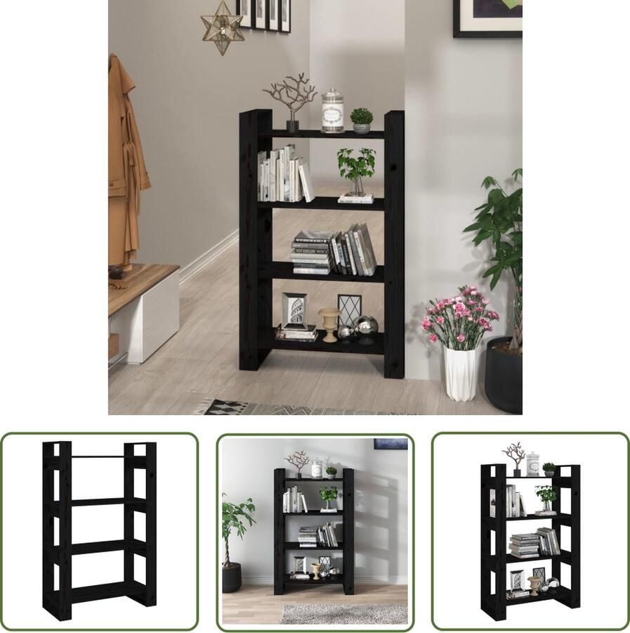 The Living Store Boekenkast kamerscherm 80x35x125 cm massief grenenhout zwart Boekenkast Hout Zwarte Boekenkast Boekenplank Opslagruimte - Foto 2