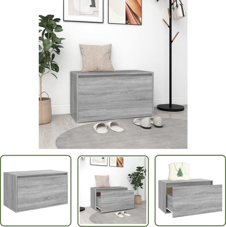 The Living Store Halbank Hout Opbergbankje 80x40x45cm Grijs Sonoma Eiken materiaal met Montage vereist Halbank Houten Bank Opbergbank Entreebank Grijze Bank - Foto 2