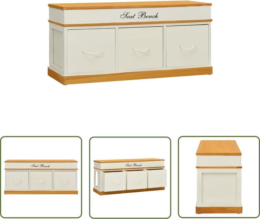 The Living Store Opbergbank Massief hout 100 x 35 x 45 3 lades Opslagbank Houten Bank Zitbank Meubilair Salontafel - Foto 2