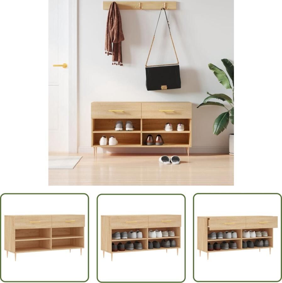 The Living Store Schoenenbank Sonoma eiken 102 x 35 x 55 cm Stabiel en ruimtebesparend Schoenenbank Houten Bank Schoenuitlegers Bergruimte Organisatie - Foto 2