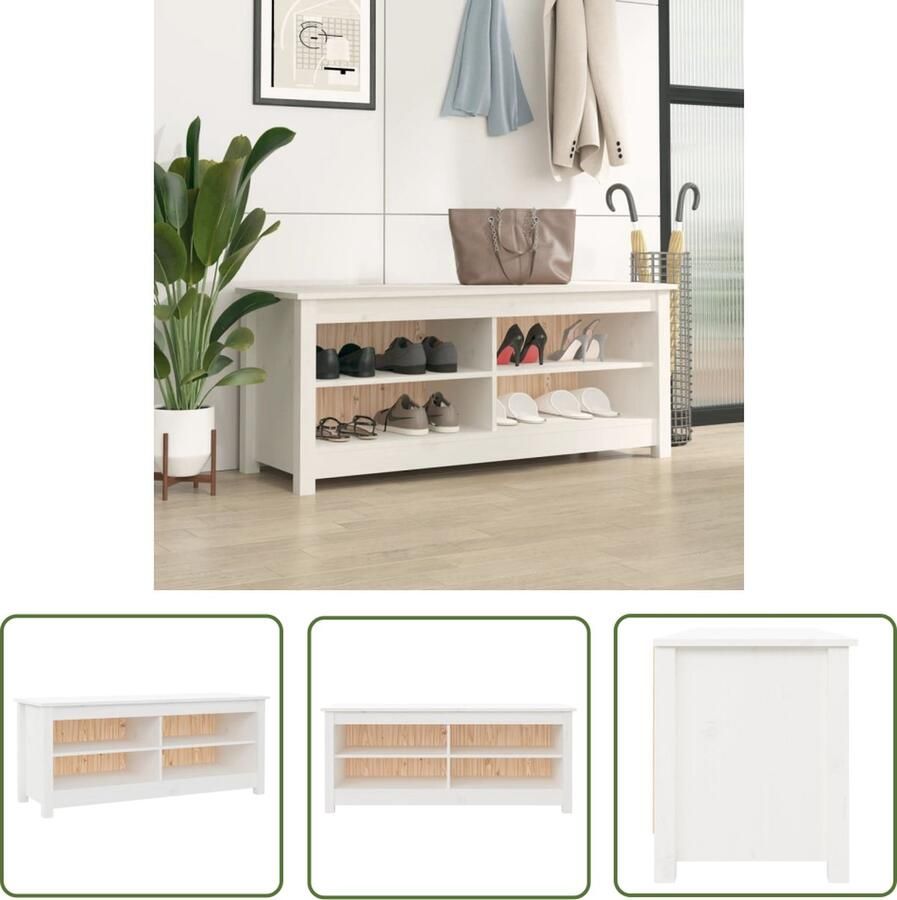 The Living Store Schoenenbank Massief Grenenhout 110 x 38 x 45.5 cm Wit Schoenenbank Houten Bank Schoenuitlegger Entree Meubilair Bergruimte - Foto 2