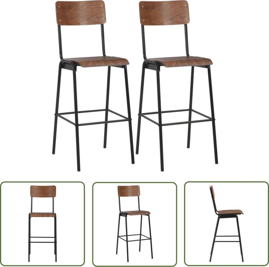 The Living Store Barstoelenset Massief multiplex Gepoedercoat staal 41.5 x 59 x 116.5 cm Zwart en bruin Stapelbaar Barstühlen Houten Bankjes Eetkamerstoelen Keukentafels Bistro Meubilering - Foto 2