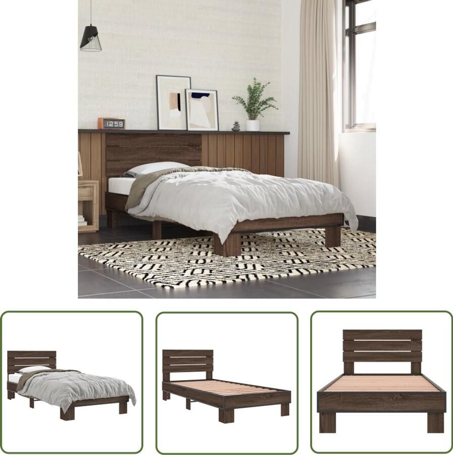 VidaXL Bedframe bewerkt hout en metaal bruin eikenkleurig 100x200 cm Bedframe Houten Bed Bruine Bed Tweepersoonsbed King Size Bed