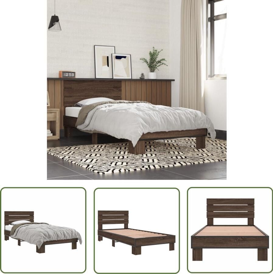 VidaXL Houten Bed Bedframe bewerkt hout en metaal bruin eikenkleurig 90x200 cm Bruine Bed Tweepersoonsbed Boxspring Bed