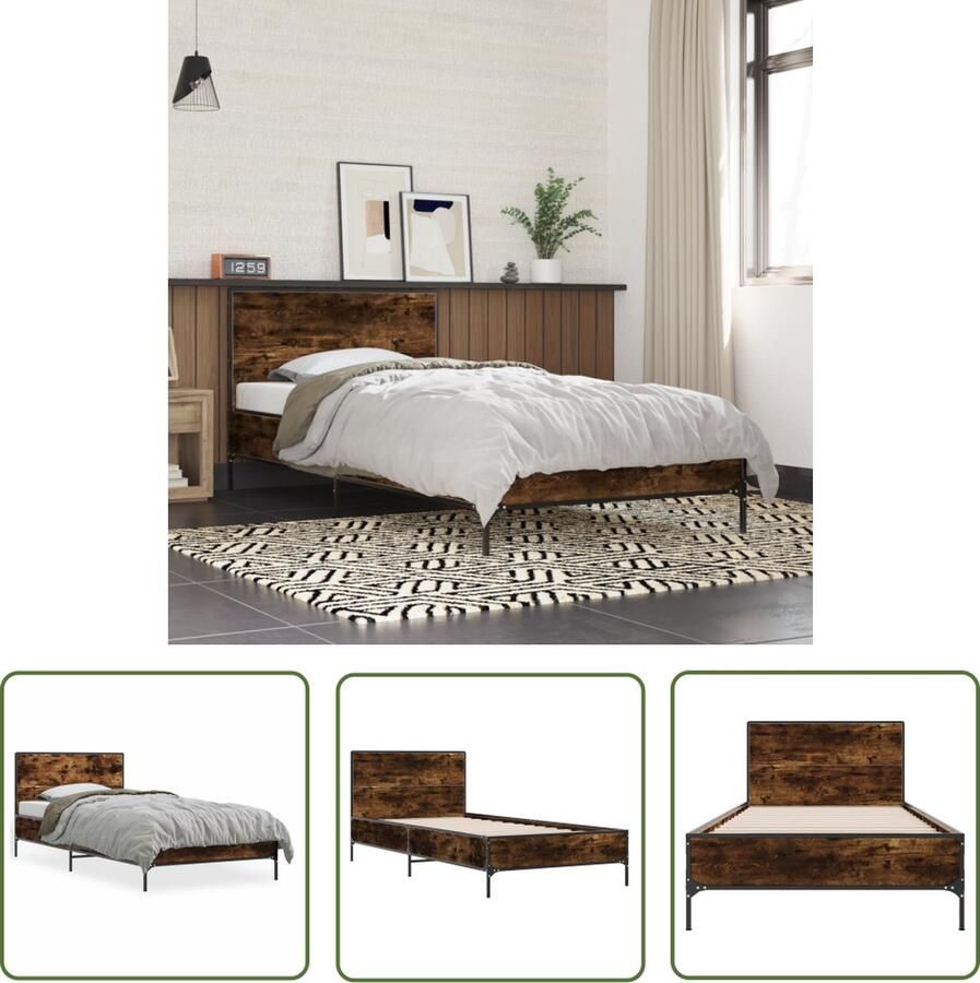 The Living Store Bedframe bewerkt hout en metaal gerookt eikenkleurig 75x190 cm Bedframe Houten Bed Bruine Bed Slaapcomfort Multipex Lattenbodem