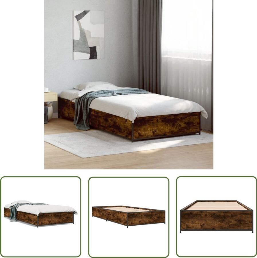 VidaXL Bedframe bewerkt hout en metaal gerookt eikenkleurig 75x190 cm Bedframe Houten Bed Bruine Bed Tweepersoonsbed Enkelpersoonlig Bed