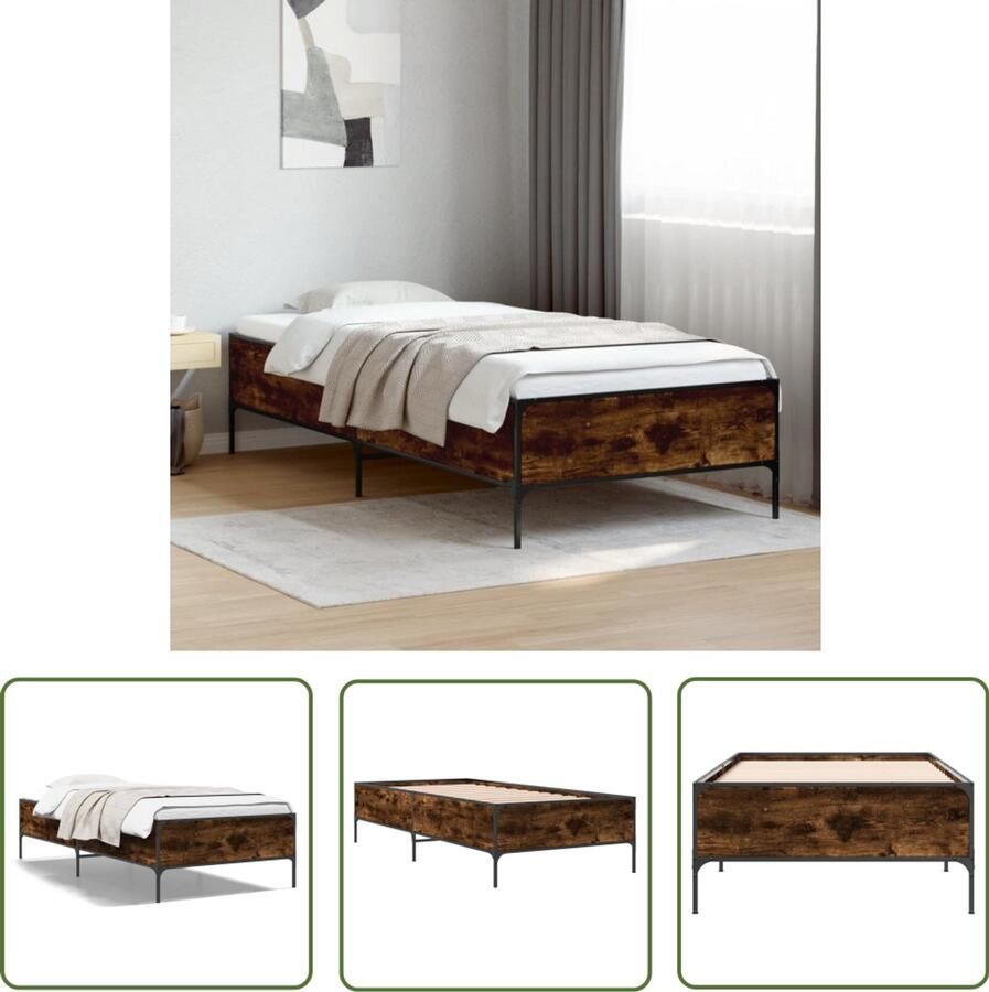 VidaXL Bedframe bewerkt hout en metaal gerookt eikenkleurig 90x190 cm Bedframe Houten Bed Bruine Bed Tweepersoonsbed King Size Bed