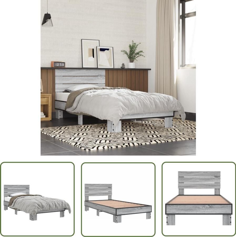 VidaXL Bedframe bewerkt hout en metaal grijs sonoma eiken 75x190 cm Bedframe Houten Bed Design Bed Modern Bed Grijze Bed