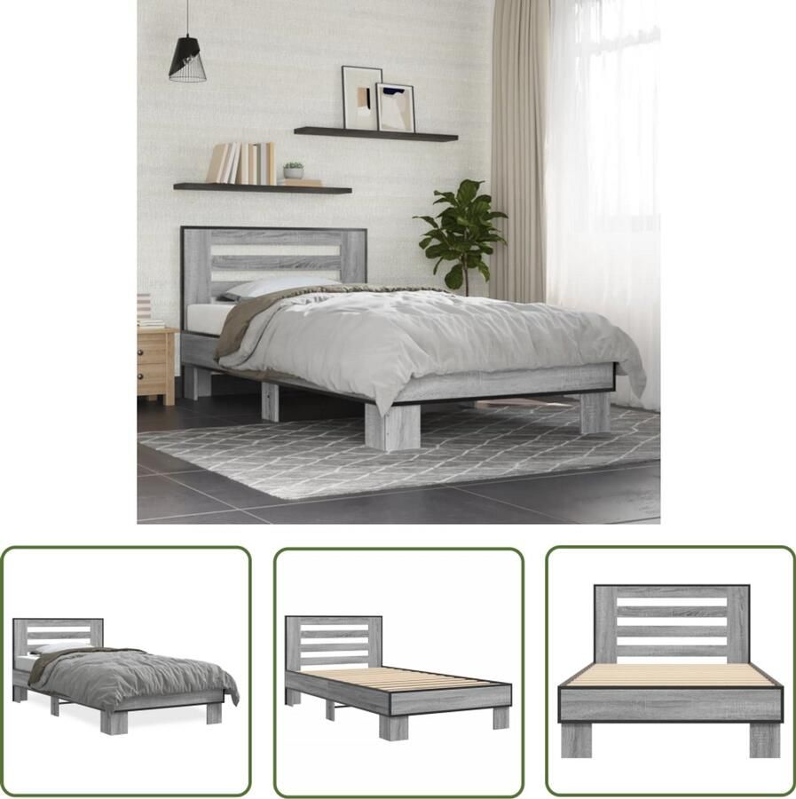 VidaXL Bedframe bewerkt hout en metaal grijs sonoma eiken 75x190 cm Bedframe Houten Bed Grijze Bed Sonoma Eiken Tweepersoonsbed