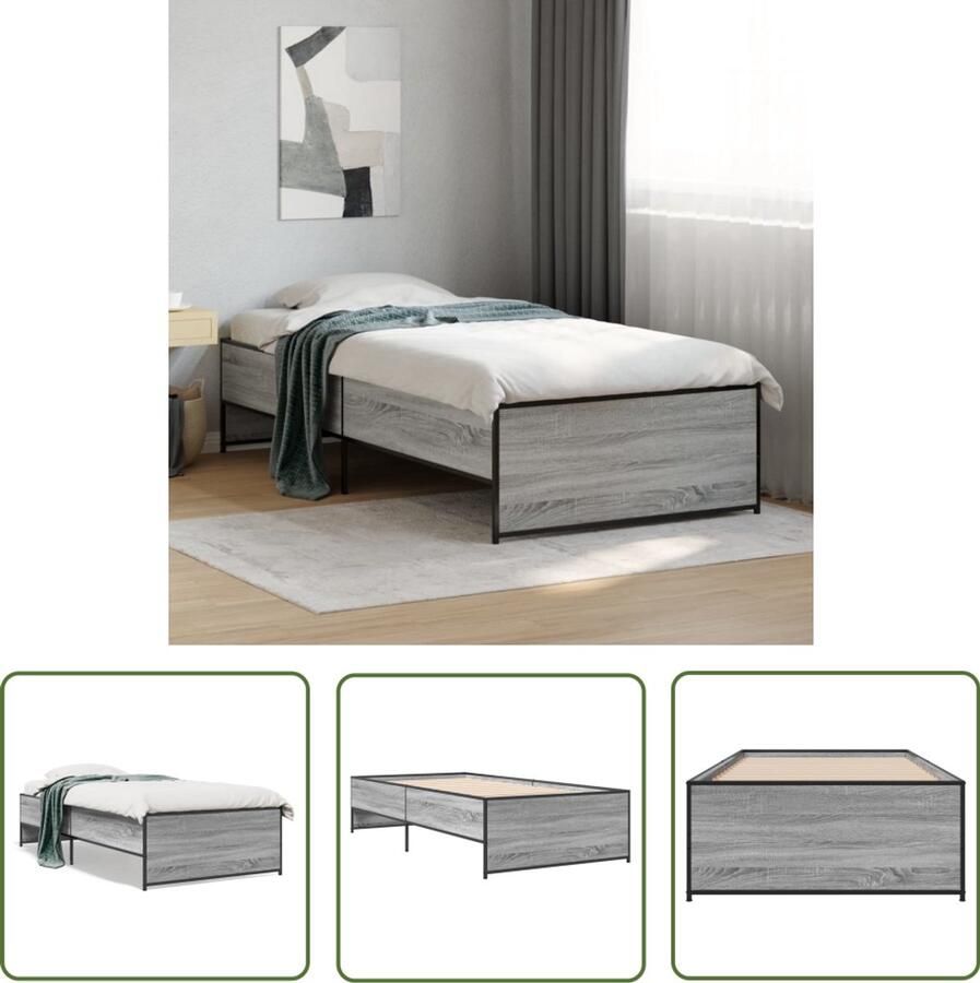 VidaXL Bedframe bewerkt hout en metaal grijs sonoma eiken 75x190 cm Bedframe Houten Bed Grijze Bed Tweepersoonsbed Compact Bed