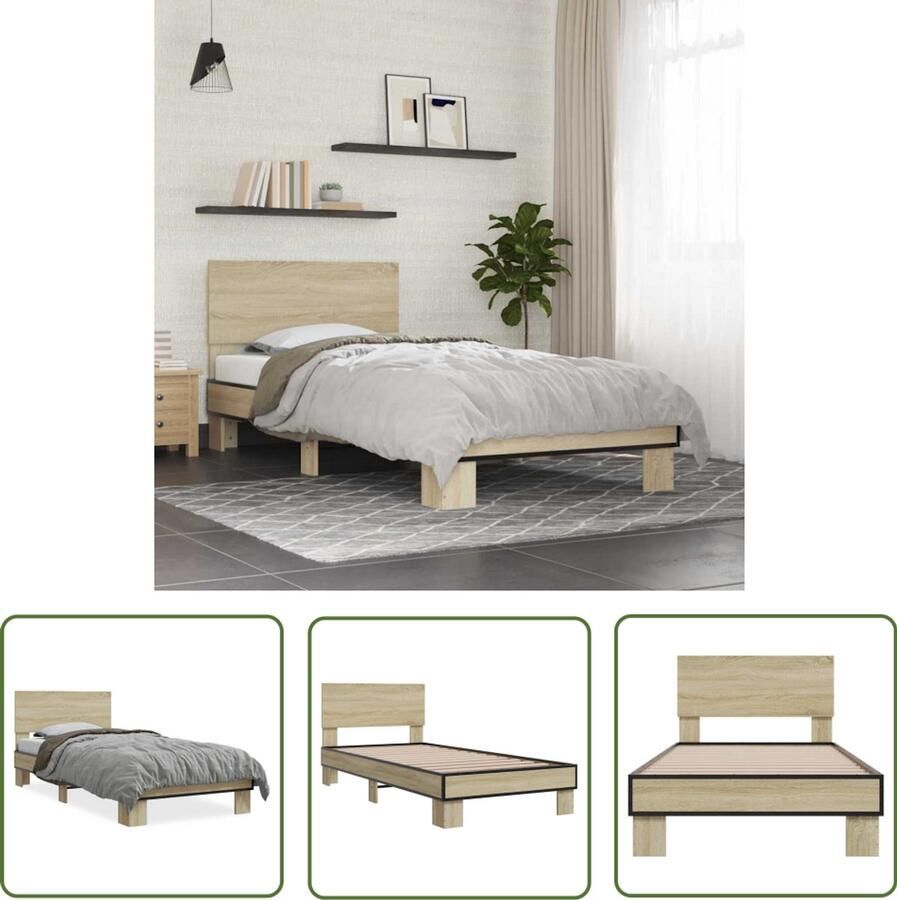 VidaXL Houten Bed Bedframe bewerkt hout en metaal sonoma eikenkleurig 100x200 cm Sonomane Kleur Tweepersoonsbed Slaapkamermeubilair