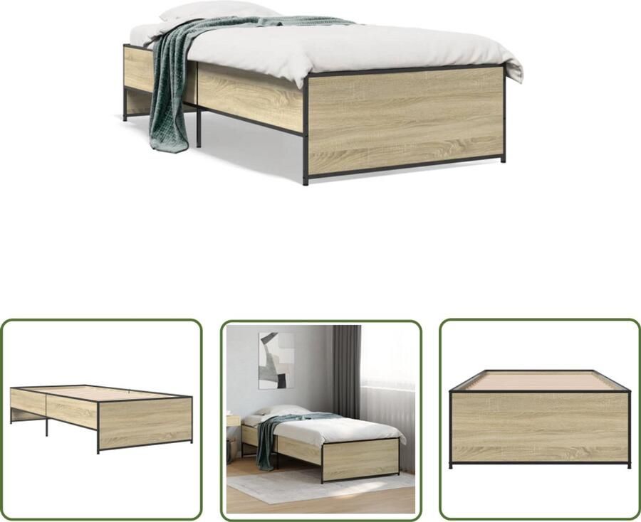 VidaXL Bedframe bewerkt hout en metaal sonoma eikenkleurig 100x200 cm Bedframe Houten Bed Sonomaneke Bed Tweepersoonsbed Boxspring