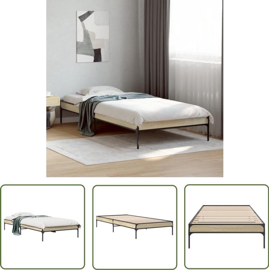 VidaXL Bedframe bewerkt hout en metaal sonoma eikenkleurig 75x190 cm Bedframe Houten Bed Sonom Eiken Tweepersoonsbed Bed 75x190