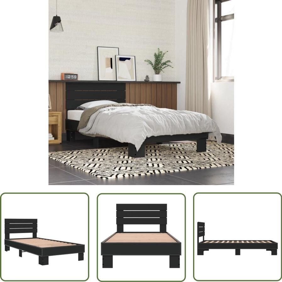 VidaXL Houten Bed Bedframe bewerkt hout en metaal zwart 90x190 cm Zwart Bed Tweepersoonsbed Compact Bed