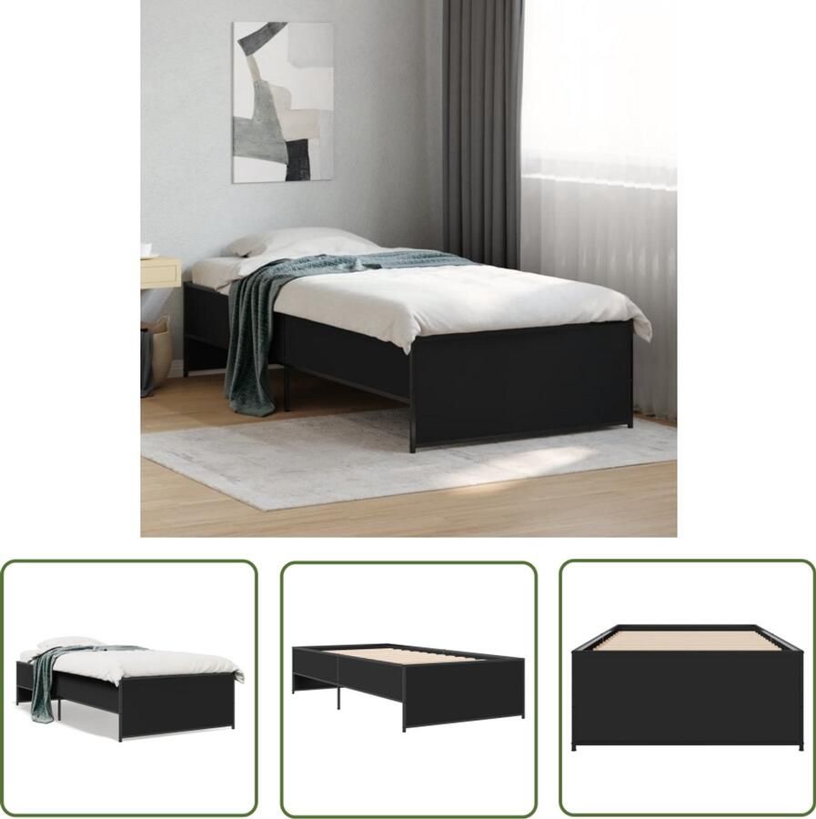 VidaXL Bedframe bewerkt hout en metaal zwart 90x190 cm Bedframe Houten Bed Zwarte Bed Enkel Bed Compact Bed