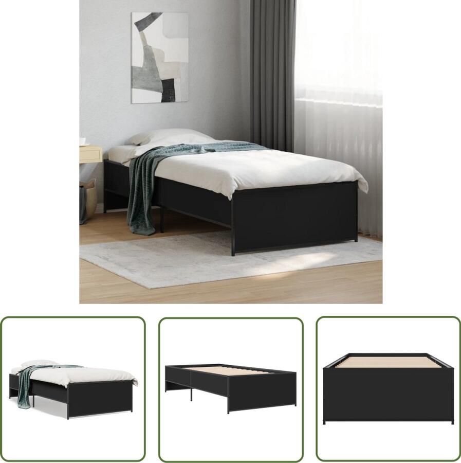 VidaXL Bedframe bewerkt hout en metaal zwart 90x200 cm Bedframe Houten Bed Zwart Bed Enkel Bed Compact Bed