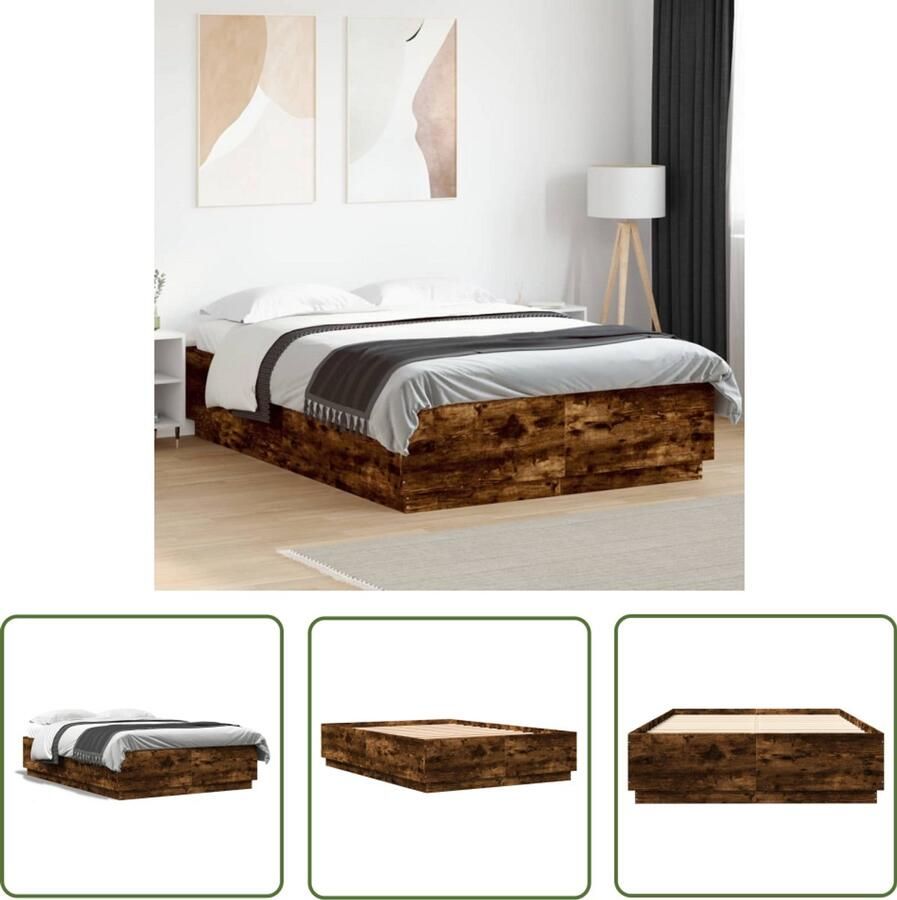 VidaXL Houten Bed Bedframe bewerkt hout gerookt eikenkleurig 140x200 cm Bruine Bed Slaapcomfort Rustige Slaapkamer