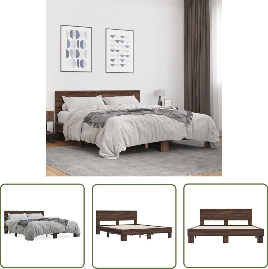 The Living Store Bedframe Multiplex Lattenbodem 204.5 x 153 x 81 cm Bruineiken met Hoofdbord Bedframe Houten Bed Tweepersoons Bed Boxspring Bed Hoofdboard