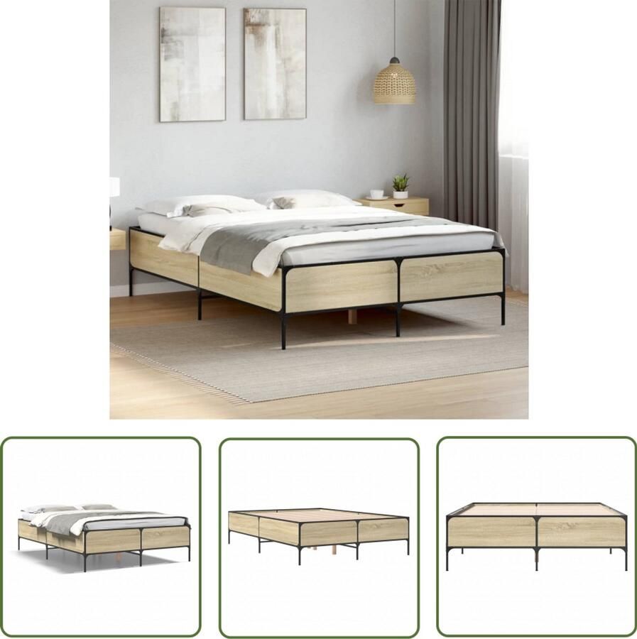 VidaXL Houten Bed Bedframe bewerkt hout metaal sonoma eikenkleurig 120x190 cm Sonoma Eiken Tweepersoonsbed Bed 120x190