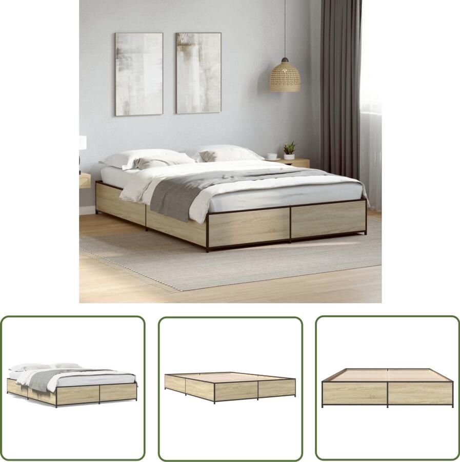 VidaXL Houten Bed Bedframe bewerkt hout metaal sonoma eikenkleurig 120x190 cm Sonoma Eiken Tweepersoonsbed Bed 120x190
