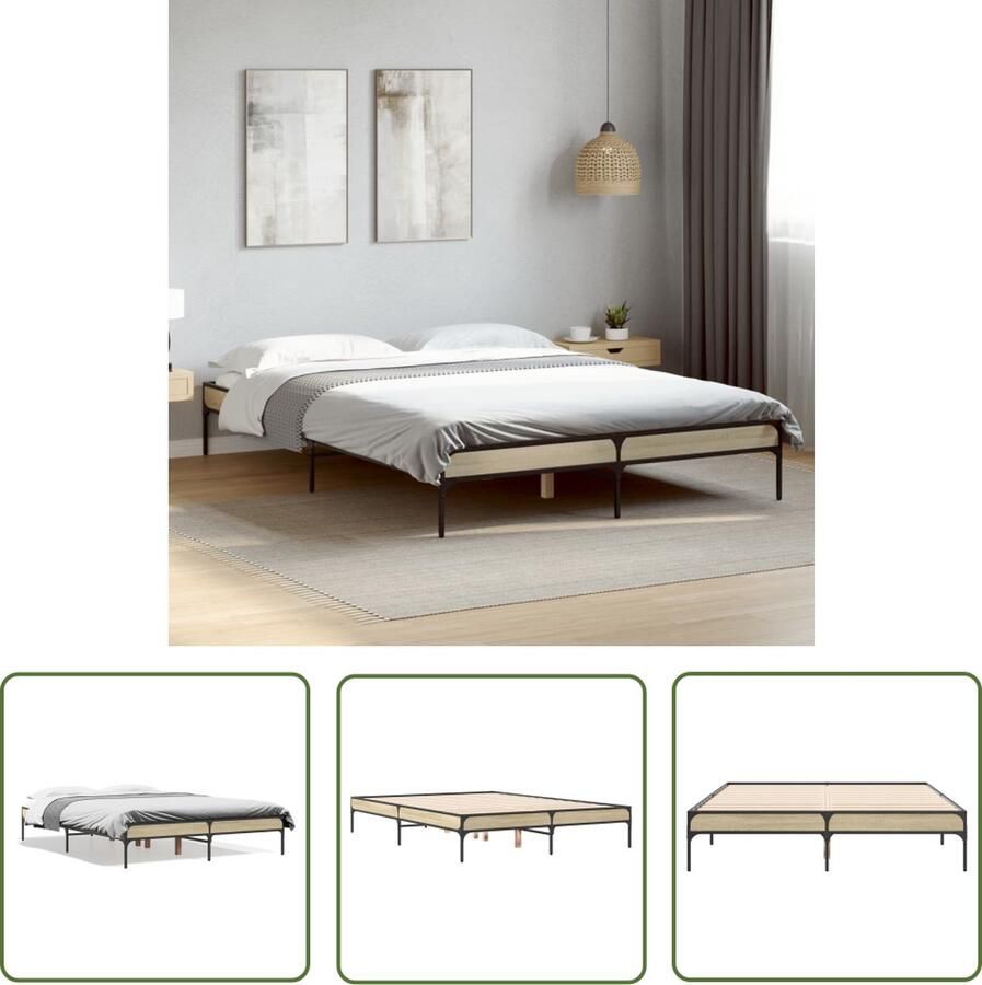 The Living Store Bedframe Sonoma Eiken 193 x 138 x 30 cm Bewerkt Hout Multiplex Lattenbodem Bedframe Houten Bed Sonomaplank Tweepersoon Bed Boxspring Bed