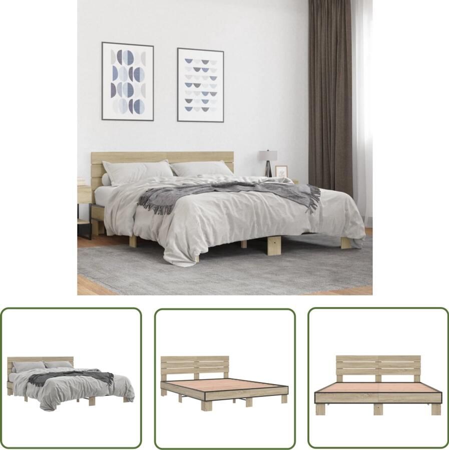 VidaXL Houten Bed Bedframe bewerkt hout metaal sonoma eikenkleurig 150x200 cm Sonoma Eiken Tweepersoonsbed Bed 150x200