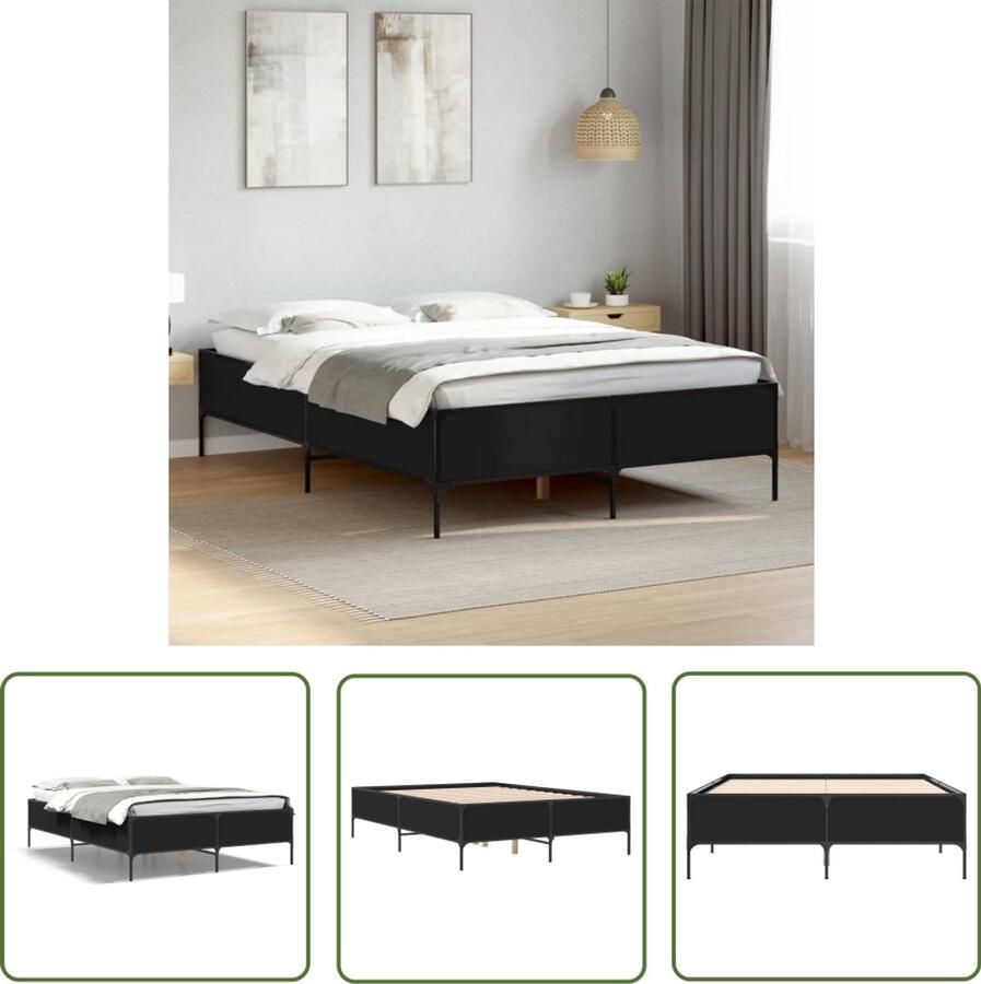 VidaXL Houten Bed Bedframe bewerkt hout metaal zwart 150x200 cm Metalen Bed Design Bed Tweepersoonsbed