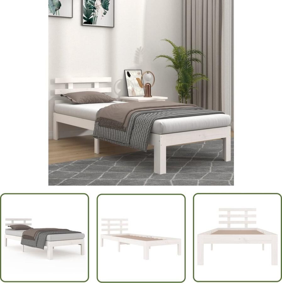 The Living Store Bedframe Grenenhout Eenpersoons Wit 195.5 x 78.5 x 69.5 cm Stabiel en comfortabel Bedframe Houten Bed Enkel Bed Klein Tweepersoonsbed Grenenhout Bed