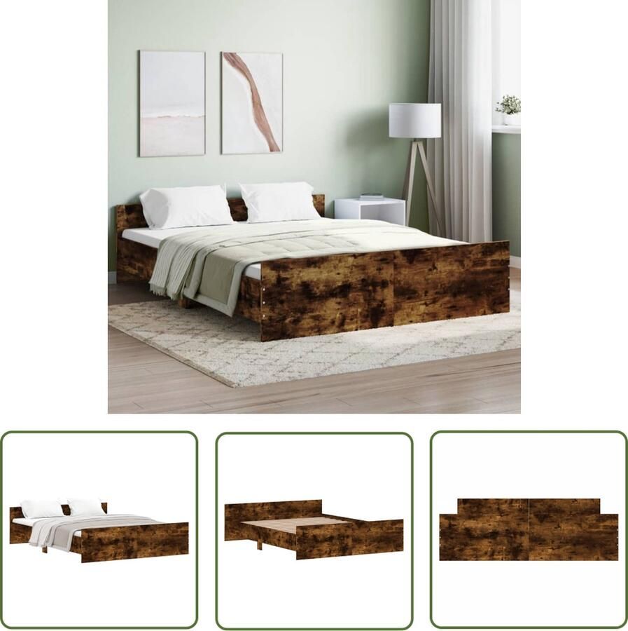 The Living Store Bedframe Gerookt eiken 203 x 143 x 50 cm Duurzaam hout Functioneel hoofd- en voeteneinde Stevige lattenbodem Montage vereist Bedframe Houten Bed Gerookt Eiken Tweepersoonsbed Boxspring